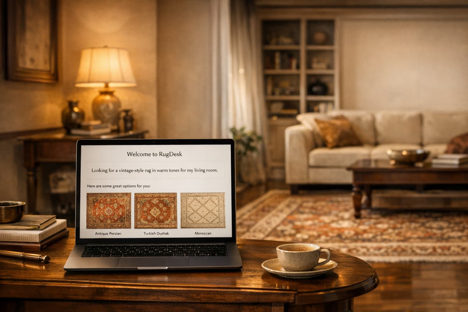A refined home setting with a laptop showing Rugdesk helping an online shopper find matching rugs.