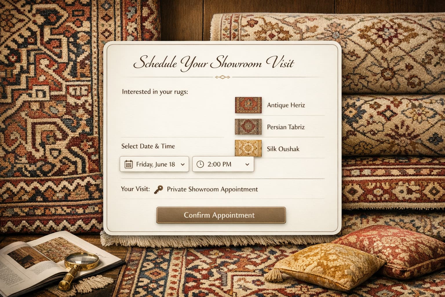 A premium booking view showing a shopper requesting a private showroom appointment for specific rugs.