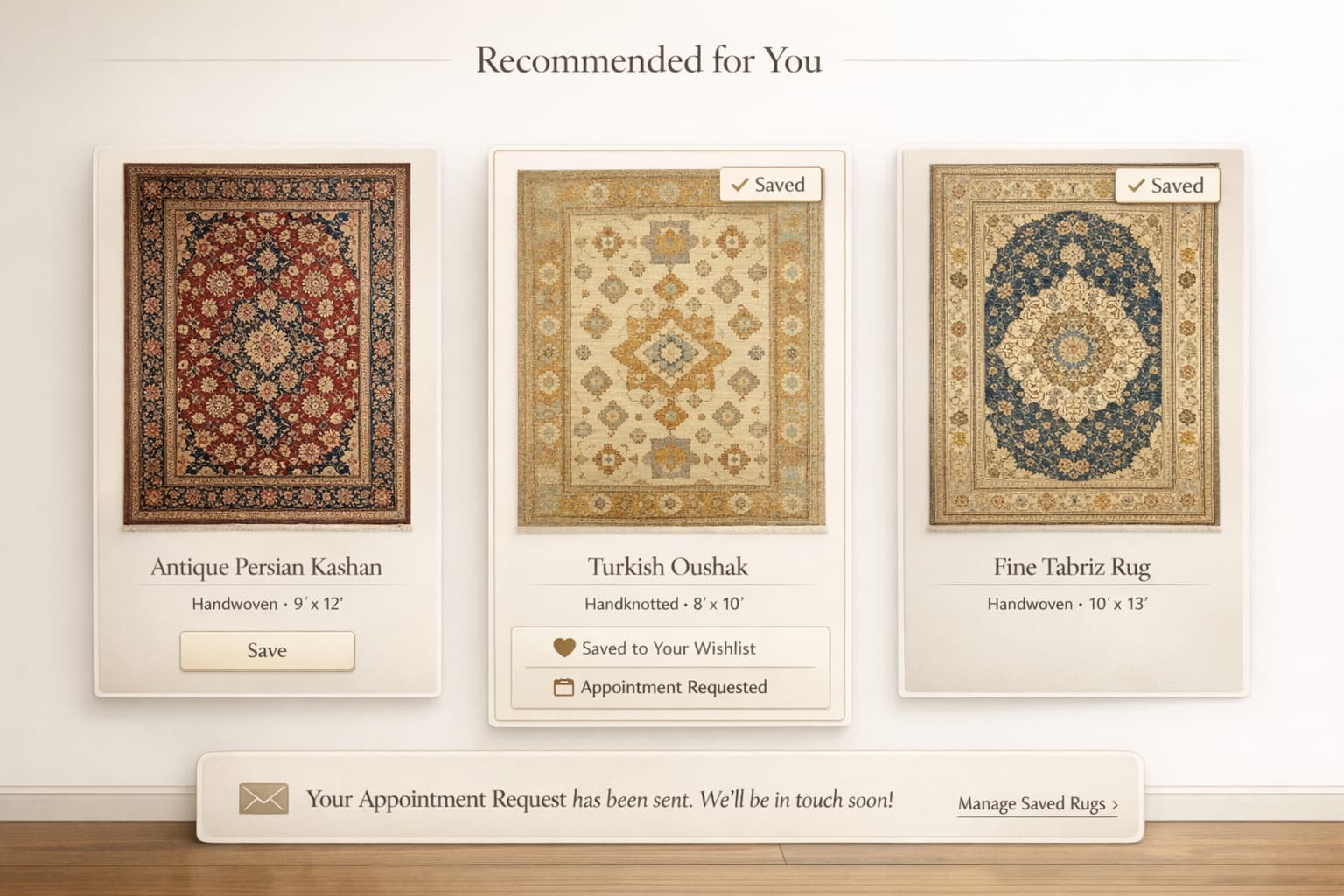 Premium rug recommendation cards with saved states and a clear signal that the shopper is interested.
